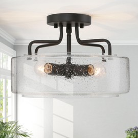 LALUZ Semi Flush Mount Ceiling Light, Modern Black 4-Light Ceiling Light Fixture with Seeded Glass for Bedroom, Hallway, Kitchen, Dining & Living Room, Stairway, and Bathroom