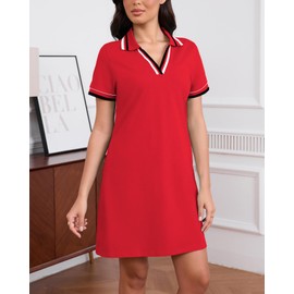 YEXPINE Women's Polo Dress Short Sleeve Lapel V Neck Collar Tennis Golf Mini Dress Casual Summer Workout Wear with Pockets Red