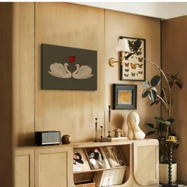 LSXARTQQ Vintage Swan Oil Painting Wall Art Moody French Country Zwaan Canvas Wall Decor Retro Animal Couple Heart Shape Picture Print Classical Aesthetic Gifts for Friends or Family(12x16inch)