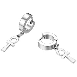 Flongo Women's Earrings Stainless Steel Creolon Rubber Fake Tunnel Screw Stud with Cross Crucifix Chain Pendant Earrings Gothic Punk for Women Men Black Silver Gold Set, Stainless Steel