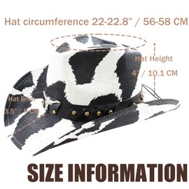 Cow Print Cowboy Hat with Bullhead Buckle, Cowgirl hat Black Cowboy hat(US, Numeric, 7 1/4, Cow Print, Hat Only)