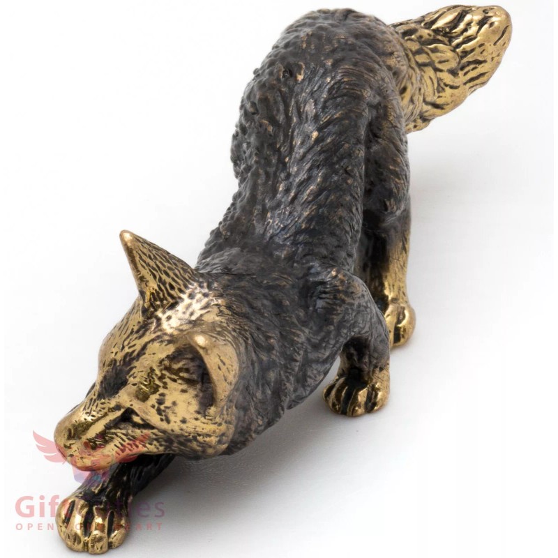 Solid Brass Figurine of Fox crouching hunting IronWork
