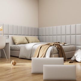 Greymond Peel and Stick Headboard Grey Upholstered Wall Panels, 6 Panels Sized 7.8" x 15.7", 3D Anti-Collision Soundproof Self-Adhesive Wall Panel for Bedroom