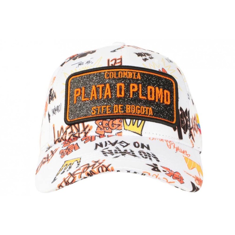 Plata o Plomo Cap White and Orange Rhinestone Streetwear Power