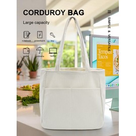 Women's Cord Shopper Bag, Tote Bag, Shoulder Bag, Shopper with Front Pockets, Large Capacity for Work, beige