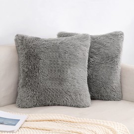 EMEMA Fluffy Cushion Covers Faux Fur Throw Pillow Covers Grey Soft Decorative Square Cute Pillow Plush Case For Livingroom Sofa Bedroom 16 x 16 Inch 40 x 40 cm Pack of 2