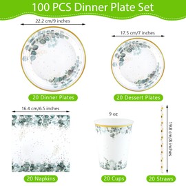 Aitsite Eucalyptus Leaf Party Tableware Set, 20 Guests Eucalyptus Leaf Plate Set, Eucalyptus Leaf Birthday Tableware, Children's Birthday Plates, Cups, Napkins
