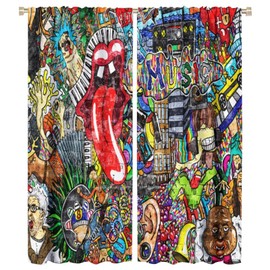 Colorful Graffiti Blackout Curtains, Colorful Music Graffiti Hip-Hop Hippie Punk City Print Suitable for Teenage Boys, Bedroom, Living Room, Pole Style Blackout Curtains42x54in