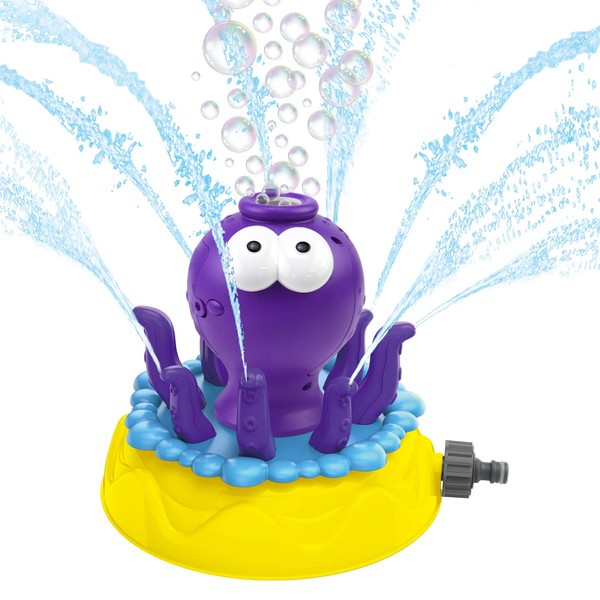 Water Spray Sprinkler for Kids, 2 in1 Rotating Octopus Sprinkler with Bubble Machine, Summer Outside Splashing Toys, Garden Lawn Water Toys Gifts for 3 4 5 6 Boys and Girls