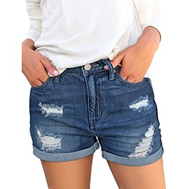luvamia Women's Fashion High Waisted Denim Shorts Roll Hem Cutoff Jean Shorts Womens Casual Shorts Charleston Outlasted Blue Size Medium