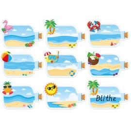 Whaline 160Pcs Drifting Bottle Name Tag Summer Beach Nameplate Sticker Adhesive Hawaiian Label Decals for Back to School Classroom Office Desk Wall Bulletin Board Decor
