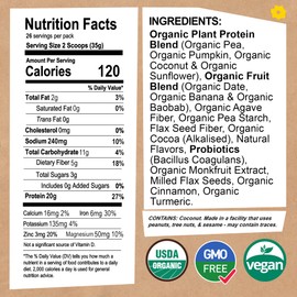 EarthChimp Organic Vegan Protein Powder - with Probiotics - Non GMO, Dairy Free, Non Whey, Plant Based Protein Powder for Women and Men, Gluten Free - 26 Servings 32 Oz (Vanilla)