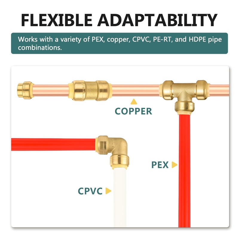 5-Pack Niikappu Pushfit Tee, 1/2"x1/2"x1/2" PEX Brass Push-fit Tee, Push