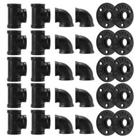 Home TZH 1/2" Black Pipe Fitting, 30 Pack Floor Flange/Elbow/Tee Combo for Industrial vintage style, Flanges/Elbow/Tee with Threaded Hole for DIY Project/Furniture/Shelving(30, Black 1/2")