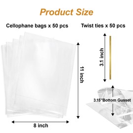 8" x 11" Clear Cellophane Treat Bags with Bottom Gusset & Twist Ties – for Baked Goods, Cookies, Candies, Chocolates, Popcorn & Gift Packaging (50 Pcs, 2 mils)