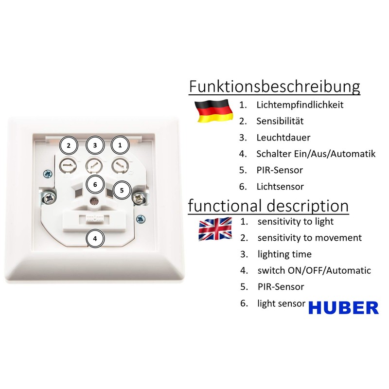 Huber Motion 180° Motion Detector, White, Recessed, Flush-Mounted, Energy-Efficient