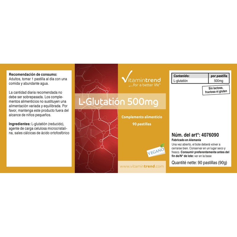 L-Glutathione 500 mg – Reduced – 90 Tablets – Vegan