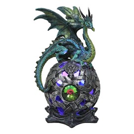 Ebros Elemental Medieval Emerald Earth Green Dragon Perching On Color Changing LED Gyrosphere Orb Night Light FIgurine Home Decor Dungeons and Dragons