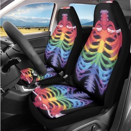 Semiouray Colorful Skull Pattern Car Seat Covers Ful Set Polyester Car Accessories Set for Women Rainbow Skeleton Print Car Interior Covers Full Set Steering Wheel Cover