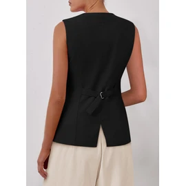 KIRUNDO Blazer Vest for Women Trendy 2025 Dressy Business Casual Summer Button Down Sleeveless Work Suit Waistcoat Tops(Black, Medium)