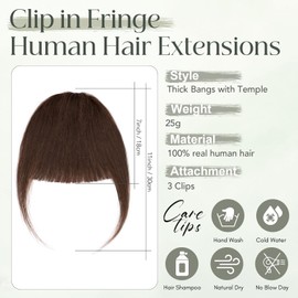 Clip in Fringe Human Hair Medium Brown Bangs Fringe Clip in Hair Extensions Clip on Thick Bangs Remy Human Hair Extensions Short Hairpieces for Women Clip in Bangs Fringe