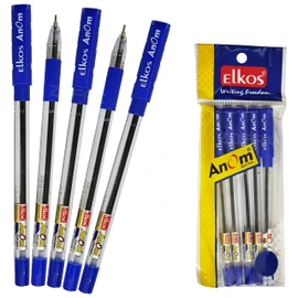 ELKOS Anom Ballpoint Pens, BLUE, 0.7mm Fine Point, Pack of 5, Smooth Biros Ball Pens, Soft Grip, School Office Home Use, ZOFAX Black Ball Pen