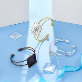 UNICRAFTALE 6Pcs 3 Colors Tray Blank Cuff Bangles Bracelet with Brass Cuff Adjustable Bezel Tray Blank Bangle with 6Pcs 25mm Square Glass Cabochon for Bangle Bracelets Jewelry Making