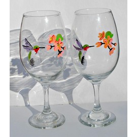 Hummingbird with Flowers Hand Painted Stemmed Wine Glasses Set of 2