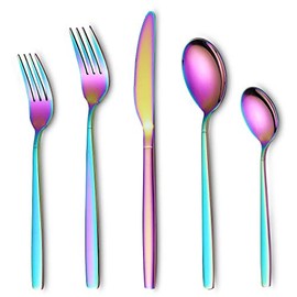 Rainbow Flatware Set 20 Pieces, Stainless Steel Colorful Silverware Set, Titanium Plating Rainbow Cutlery Set, Rainbow Utensil Sets Service Set for 4 (Shiny Rainbow)