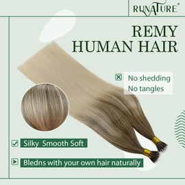 RUNATURE Nano Ring Hair Extensions Real Human Hair Balayage Ash Brown Ombre Platinum Blonde Nano Link Human Hair Extensions for Women Prebonded Nano Tip Extensions Natural 20 Inch 50g