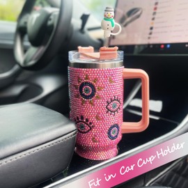 Cupcupmore 40oz Evil Eye(Pink) Bling Rhinestone Stainless Steel Sippy Tumbler Glitter Vacuum Insulated Water Bottle with Straw & Lid &Handle,Thermos for Hot & Cold Drinks,Car Cup Holder,Coffee