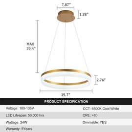 Buccleuch Dimmable LED Chandelier, Modern Gold LED Chandelier for Dining Room Light Fixture Over Table, 19.7 inch Modern Pendant Light Kitchen Island, Height Adjustable Acrylic Ceiling Lights