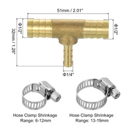 sourcing map 10pcs Brass Tee Barb Fittings, 3-Ways Tee 1/2" x 1/4" x 1/2" Barbed Hose Reducer, Tee Brass Barb Fitting Reducer with 30pcs Hose Clamps for Water Fuel Air