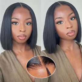 Glegov Wear and Go Glueless Bob Wig Human Hair 4x4 Glueless Wigs Human Hair Pre Plucked Pre Cut Short Straight Bob Wig 180% Density Glueless Bob Wig HD Lace Closure Wig Human Hair for Women 14 Inch
