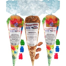 Gummy Bears (2) Assorted 12 Flavor Mix (1) Almonds Cinnamon Roasted Delicately (NET WT 27 OZ) Gourmet Kruise Signature Gift Bags Gummi Go Nuts