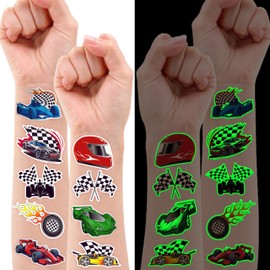 96 PCS Race Car Glow In The Dark Luminous Pre-Cut Temporary Tattoos Sticker Racing Checkered Flag Birthday Party Decorations Favors Supplies Gifts Boys Girls Cute Fake Tattoo School Prizes Theme