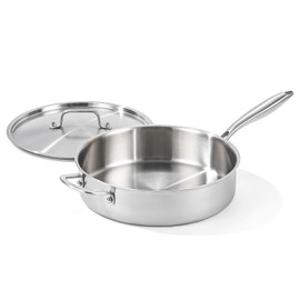 DELARLO 7QT Saute Pan Jumbo Cooker Tri-Ply Stainless Steel Pan, 12Inch Deep Frying Pan with Steel cover, Kitchen Large Skillet,Heavy Duty Style Compatible With All Cooktops Up to 650℉