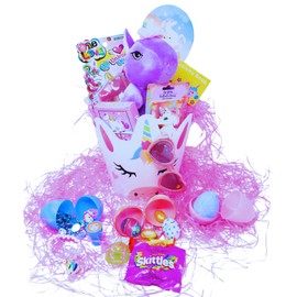 Ja'Cor Unicorn Easter Basket DIY Unicorn-Theme Gift Baskets Plastic Bucket Filled with Assorted Activities Chocolate Candy and Easter Stuffers Gift Baskets for All Occasions Care Package (White)