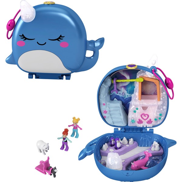 Polly Pocket Playset, Travel Toy with 2 Micro Dolls & Pet Accessories, Freezin' Fun Narwhal Compact Playset