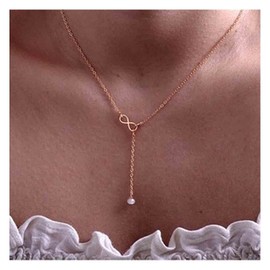 Yheakne Boho Pearl Infinity Necklace Gold Y Pearl Necklace Minimalist Chain Y Lariat Necklace Chain Jewelry for Women and Girls (Gold)