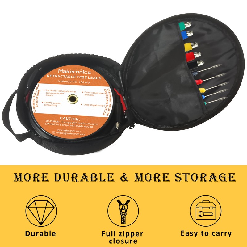 Makeronics 2 Wires 30FT 18AWG Retractable Test Leads with Cable