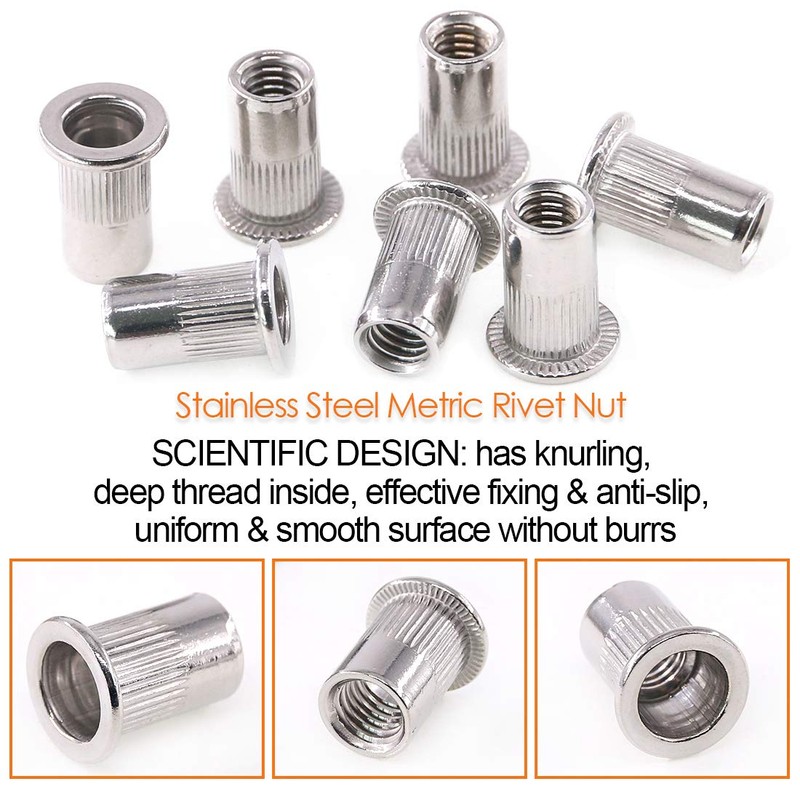 Keadic Multi-Size 304 Stainless Steel Rivet Nut Flat Head Threaded