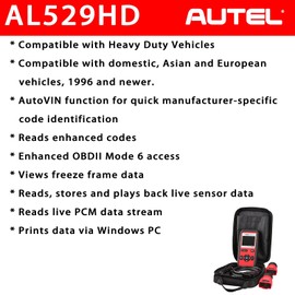Autel AutoLink AL529HD OBD2 Scanner with Screen Wiper 2025 Heavy Duty Code Reader Retrieve Code VIN O2 Sensor Test OBDII Monitor Test Review Read Erase Data View Live Data Freeze Frame Data