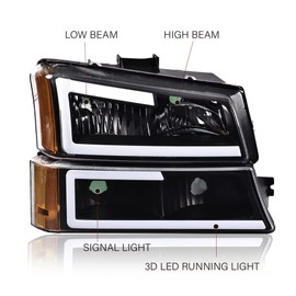 CHEDA Headlights Assembly, Compatible with 2003-2007 Chevy Silverado Avalanche, Clear Lens Black Housing Amber Reflector LED DRL Bumper Headlamps Set, GM2502224