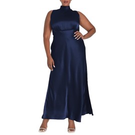 AGOSAK Formal Dresses for Women Wedding Guest Plus Size Navy Blue Satin Maxi Dresses 2025 High Waist Spring Summer Dress Wedding Guest Graduation Cocktail Elegant Mock Neck Elastic