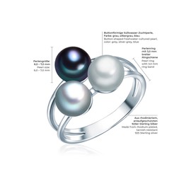 Valero Pearls Women's Ring High-Quality Freshwater Cultured Pearls 6-7 mm Button Grey/Silver Grey/Peacock Blue 925 Sterling Silver Pearl Ring