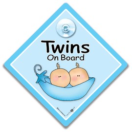 TWINS On Board Sign Blue Peapod, Baby On Board Sign, Grandchild On Board, Suction Cup Car Window Sign Designed to Let Other Road Users Twins are in The Car, 14 cm x 14cm