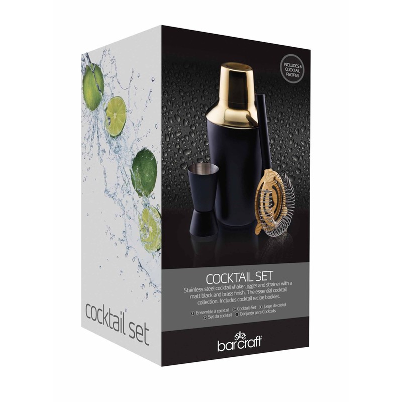 BarCraft Luxury Cocktail Making Kit, Black/Gold, 3-Piece Gift Set, 10