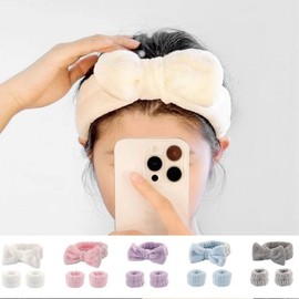 Cute Ribbon Knot Wrist Hairband for Face Washing and Shower Set Pink 3ea