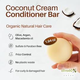Acondicionador en barra de oliva. Oliva60. Extra hidratante. Desenreda y repara. Con aceite de argán orgánico, macadamia, manteca de karité. Provitamina B5. Libre de sulfatos, parabenos, siliconas. 55gr. (Crema de coco)